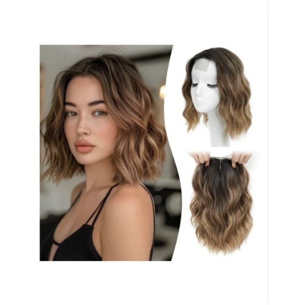 10 Inch Short Wavy Hair Topper Caramel Brown Dark Root Synthetic Wiglet 6.5x6.5